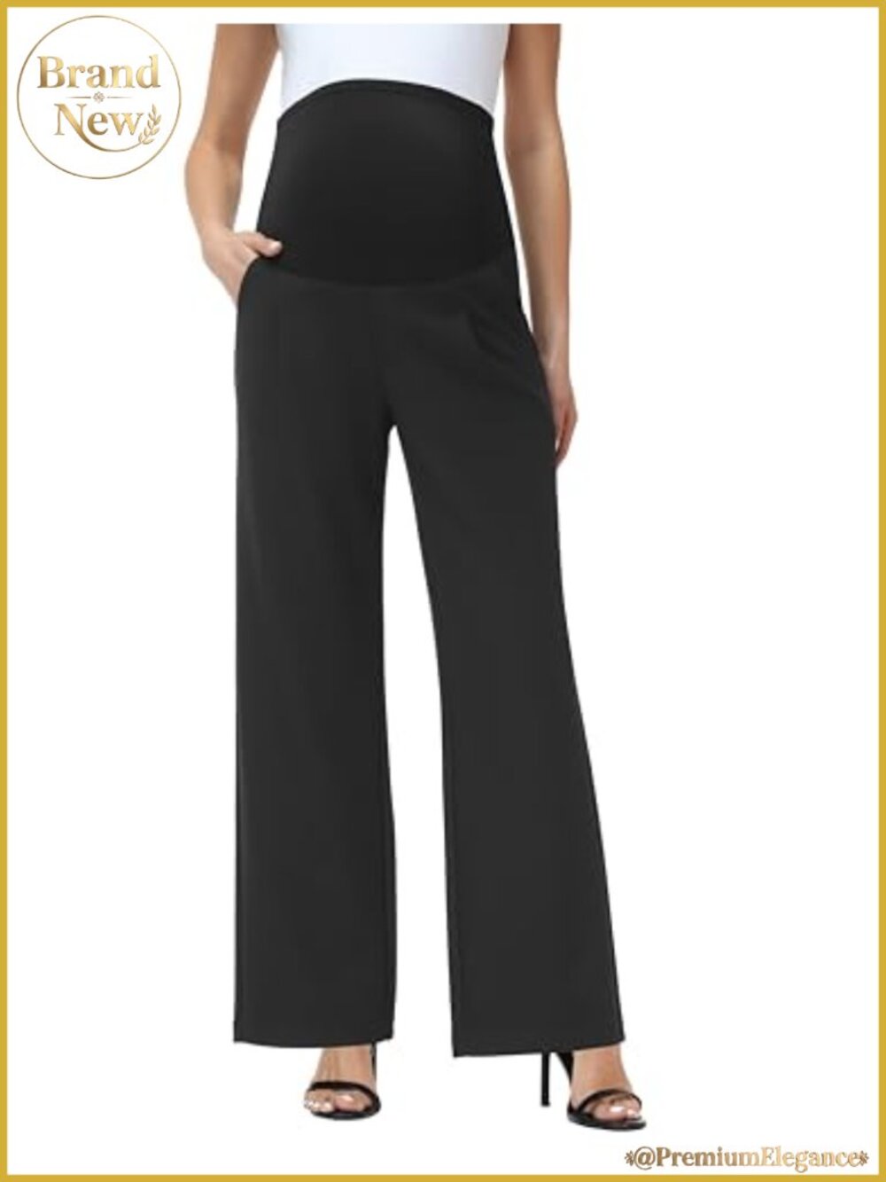 Maternity Work Pants Wide Leg Over Belly Panel Side Pockets